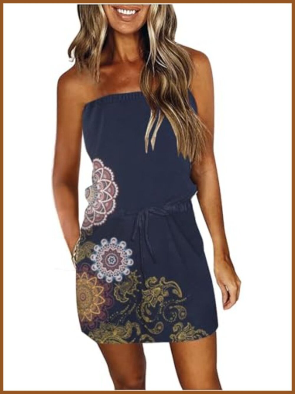 Women Strapless Boho Mini Sundress Beach Cover Up with Pockets Drawstring Waist